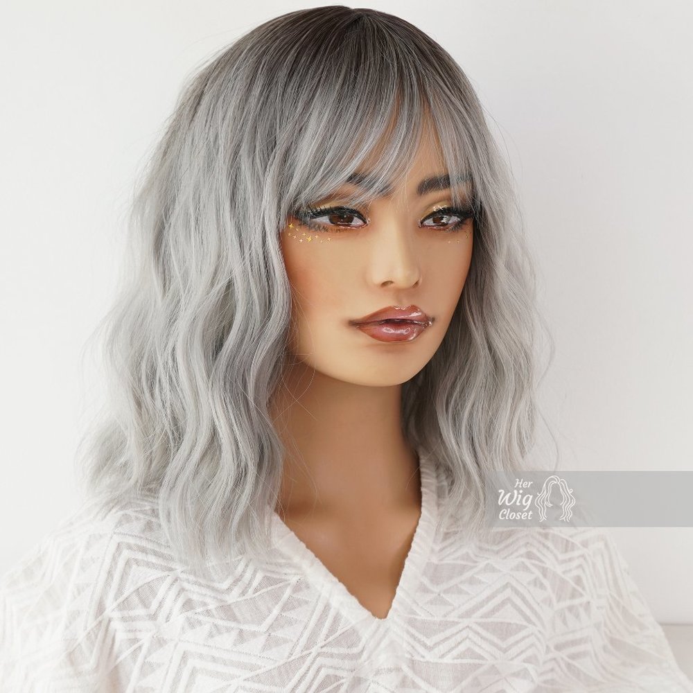 Dark Roots Silver Ombre Wavy Wig with Bangs | Mothers Day Gift | Ororo - Picture 6 of 9